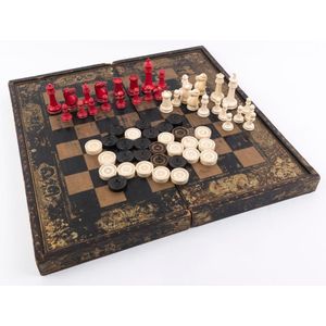 Antique French Chess & Backgammon Set w. 2 Wood Cups, Chess and Checker  Pieces, 3 Bone Dice - Lost and Found