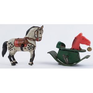 Tin plate horses: with wind-up rocking Hobby horse with…