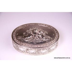 A Victorian style silver Patchbox, an oval embossed hinged box,…