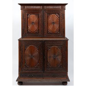 Glazed Teak Almirah Cabinet With Sunburst Panels - 19th Century Glazed Teak Almirah Cabinet With Sunburst Panels - 19th Century