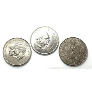 Three English silver commemorative crown coins including a 1965…