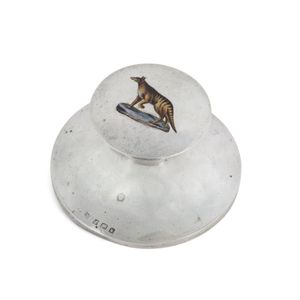 Tasmanian Tiger: Sterling silver inkwell with enamel Thylacine…