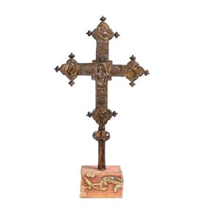 A large enamel mounted copper gilt processional crucifix,…