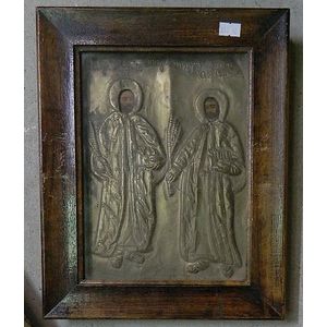 A framed Russian icon depicting Jesus & St John the Baptist oil…