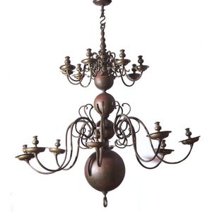 A large Dutch bronze chandelier, 19th century, the stem…