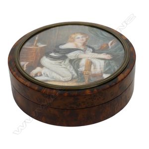 A 19th century burr timber box with hand painted ivory inset…