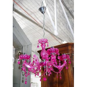 Five branch cerise pink glass chandelier