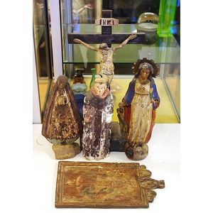 Five 19th century Santos artifacts 44 cm high (tallest). Some…