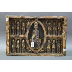 Antique period French carved wood altar piece, showing old…