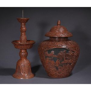 Two cinnabar lacquer items, 20th century, comprising a pricket…