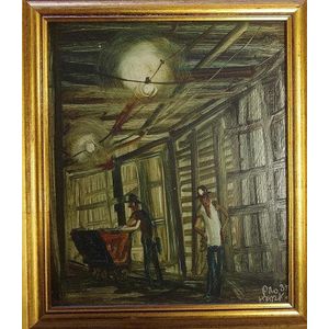 Pro Hart (1928-2006) 'Mining series' oil on board, signed &…