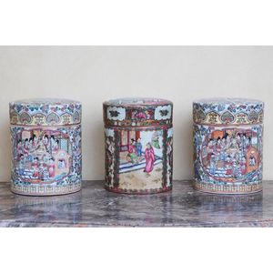 Three Cantonese famille-rose canisters and covers,…