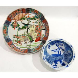 A Japanese porcelain plate, with an Arita blue and white bowl,…