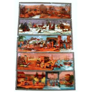 Five magic lantern hand coloured glass slides (c. 1870-1880)…