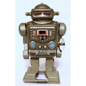 A 1976 tin and plastic Yone wind-up space robot made in Japan.…