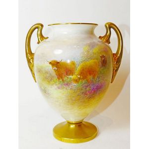 A Royal Worcester two handled porcelain vase depicting Scottish…