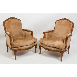 Pair of Antique Louis XV Bergere Chairs Upholstered in Silk Scalamandré  Fabric