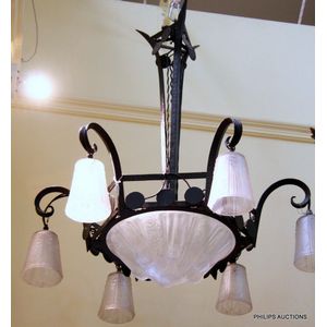 A fine Art Deco frosted glass and Ironwork chandelier by Muller&hellip;