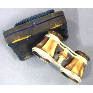 Pair of vintage paua shell opera glasses, in original case