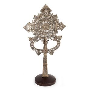 An Ethiopian Orthodox processional cross, bronze with silver…