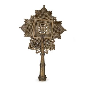 An Ethiopian Orthodox processional cross, bronze with remains…