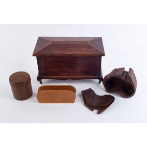 A blackwood jewellery box, burl timber canister and map of…