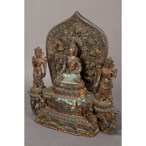 Bronze Buddha figure group, with central buddha seated on a&hellip;
