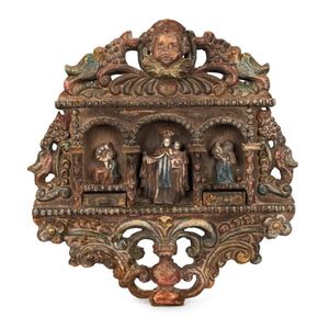 An antique Spanish religious plaque carved wood and gesso with…