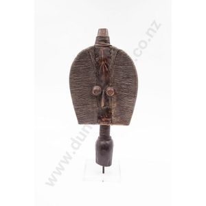 Gabon reliquary figure mounted on a stand, wood with copper…