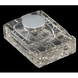 A Victorian hobnail cut glass Inkstand with sterling silver lid,…