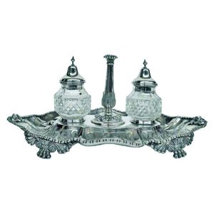 A Victorian silver ink standish, with pierced oval boat shaped…