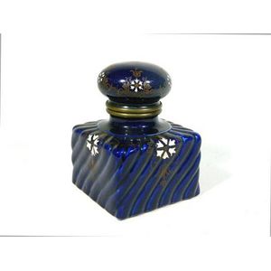 A French enamel porcelain royal blue inkwell, stamped to base…