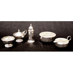 Five Mappin and Webb plated condiment pieces including 3 piece…