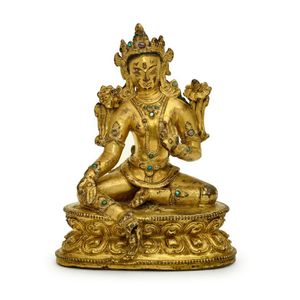 A gilt bronze figure of green Tara, Tibet, 14th/15th century,&hellip;