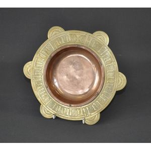 Gothic revival brass and copper alms dish. Hand cut Gothic…
