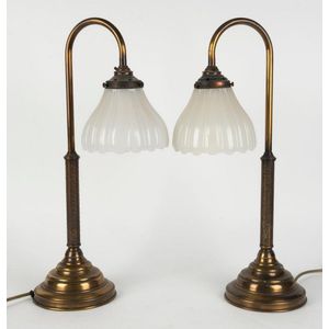 A pair of antique gooseneck table lamps with milk glass shades,…
