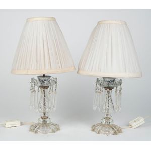 A pair of glass table lamps with crystal lustre drops and…