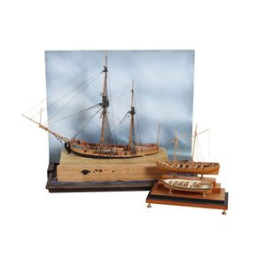 Model ships hand made ten gun ship and, two small boats with,…