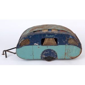 A scratch-built two wheel caravan, painted metal with rubber…