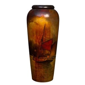 An impressive pokerwork vase with hand painted boating scene,…