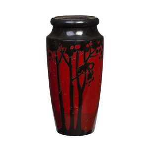 Two pokerwork vases decorated with landscapes on red…
