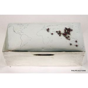 A ruby set Elizabeth II sterling silver cigarette box, 1954…