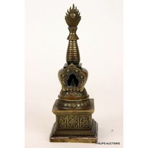 Brass Buddhist Bell Shapoed like a Stupa or Pagoda on Stand with