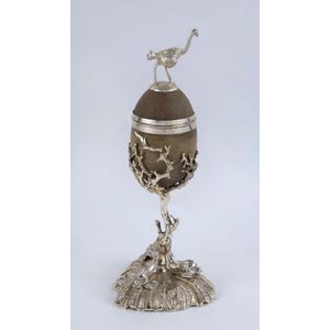 An emu egg cup and cover with silver plated mounts, most likely…