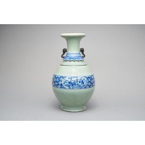 A celadon-ground, blue and white decorated vase Qing dynasty 39.…