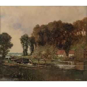 (E.) W. Waite, (Cottages by a stream), watercolour, signed…