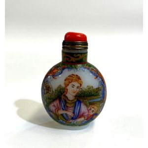 Vintage Chinese Metal store Painted Enamel Red Background Flowering Tree Snuff Bottle