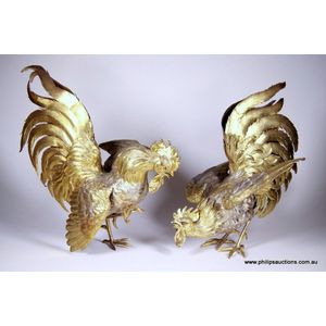 A fine pair of sterling silver gilt roosters, 1928 London…