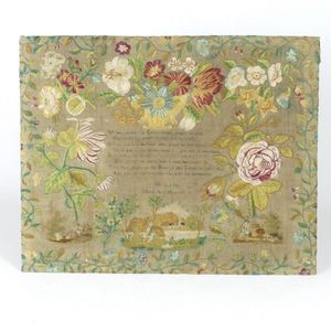 An early 19th century satin stitch sampler, with broad floral…