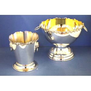 Silver plated punch bowl and ice bucket, decorated with grapes…